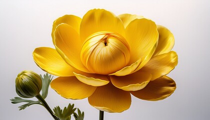 vibrant yellow buttercup flower with glossy petals elegantly centered and isolated on a clean white background