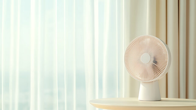 Minimalist indoor fan on a table in front of a curtain. It exudes calm and simple domestic comfort, perfect for a serene interior design.