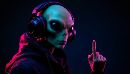 Alien with headphones pointing upward in dramatic lighting
