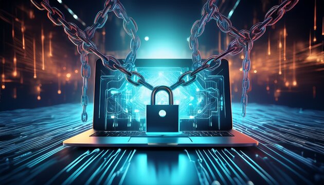 cybersecurity threats exposed through a locked laptop surrounded by chains and glowing data streams