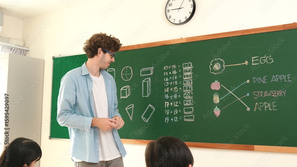 Poster caucasian teacher talking and explain about math theory at classroom while looking at student. smart
