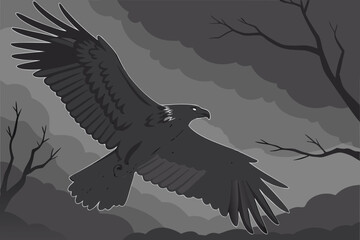 Obraz premium dark, ominous, dramatic, cloudy sky, silhouette of a large bird of prey, intense lighting, detailed feathers, powerful wings, moody, cinematic, digital art