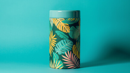 Obraz premium A Refreshing Tropical Leaf Patterned Cylinder Container with a Teal Colored Cap Against a Teal Background