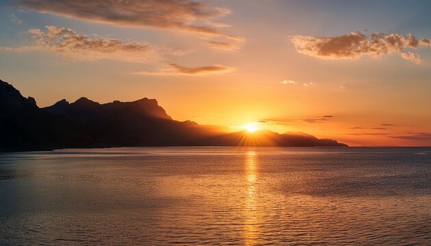 serene sunset over calm ocean waves with silhouetted mountains and gentle shoreline reflections capturing nature s tranquil beauty at dusk
