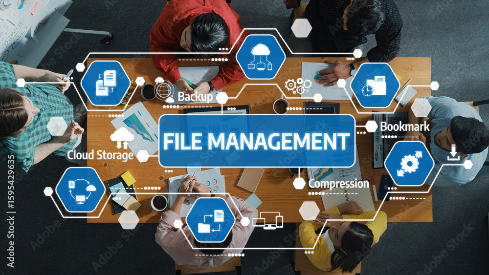 Poster a vibrant workspace showcasing a diverse team collaborating on file management strategies, emphasizi