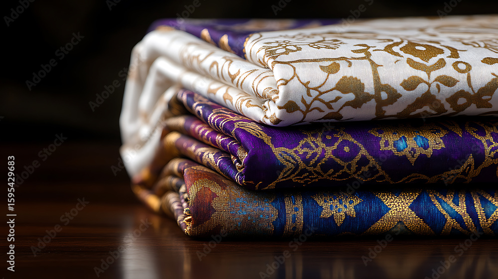 Aufkleber a stack of vibrantly patterned fabrics with metallic accents create a rich, textured display on a po
