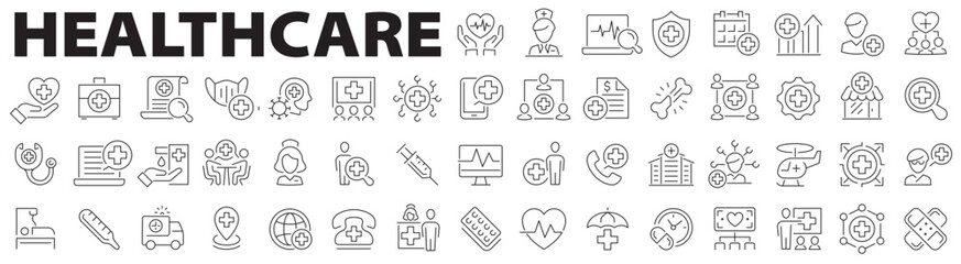 Healthcare line icon set. Prevention, medical, health, diagnosis, report, illness, injury, treatment, emergency, doctor, medical, diagnosis, health and more. Editable stroke. Vector illustration