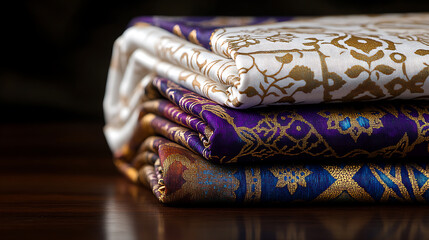 A stack of vibrantly patterned fabrics with metallic accents create a rich, textured display on a polished wood surface. Folded textiles.