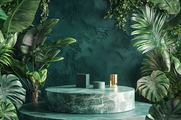 Lush Tropical Green Marble Display: Product Photography Background, Botanical Scene, Emerald