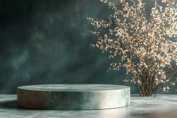  Elegant Teal Background with Blooming Branches & Circular Pedestal: Perfect for Product Displays