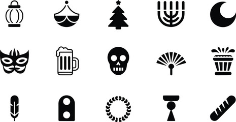 Collection of diverse black and white icons representing celebrations and symbols.