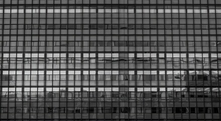 A monochrome view of a modern building facade with many rectangular windows.  Gridded pattern