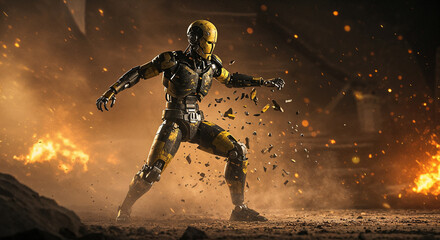Fototapeta premium Combat-ready yellow and black robot in a fiery dystopian scene