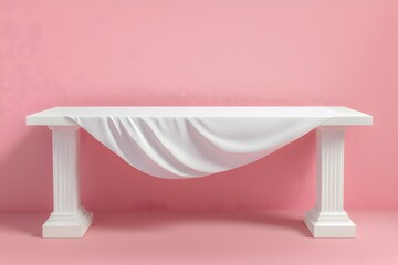 Elegant White Table Draped in Fabric: Pink Background