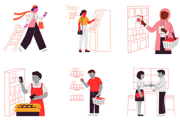 Modern Flat Illustration: Diverse Shoppers, Retail Transactions, and Payday Spending.