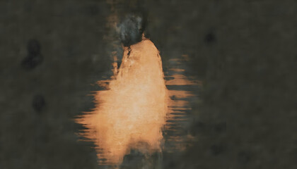 Abstract image featuring a figure with a bright orange glow against a dark, textured background.