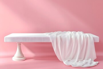 Pink Background Minimalist Product Display: Elegant White Tablecloth and Pedestal