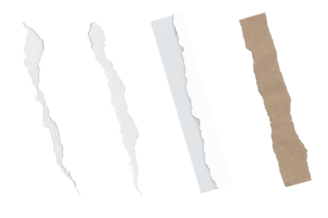 Torn Paper Strips: White, Black, Brown; Irregular Edges; Isolated on Black Background.