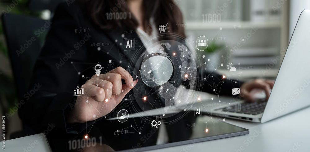 Poster global ai-powered digital network ecosystem connecting data, finance, analytics, ecommerce, communic