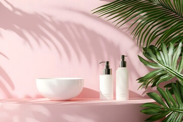 Minimalist Bathroom Aesthetic: Pink Background, Palm Leaves, and Elegant Soap Dispensers