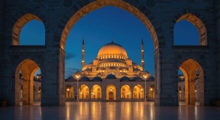 A mosque at twilight, framed by arched openings.  A serene scene of architectural beauty