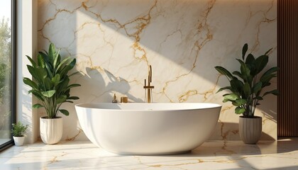 Elegant modern bathroom sanctuary with freestanding bathtub, rich green plants, luxurious marble wall. Natural sunlight creates tranquil ambiance. Minimalist design enhances comfort, relaxation.