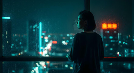 Fototapeta premium Woman gazing at city lights through a window, contemplating the night.