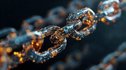 Close-up of a metal chain with glowing highlights against a dark background.