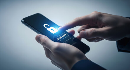 Unlocking Digital Security: Hands on Smartphone with Open Lock Icon for Mobile Security and Data Protection, Password Access, and Cyber Safety