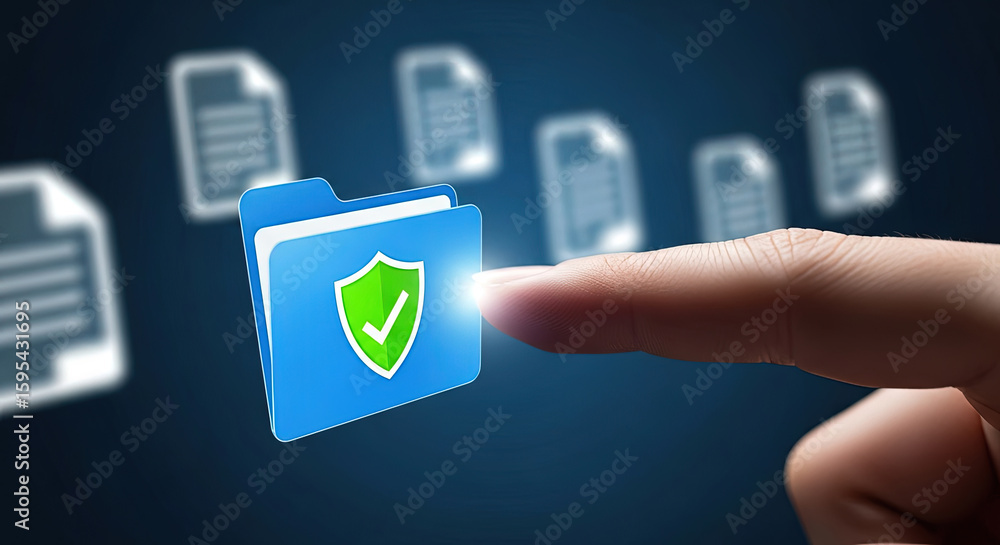 Aufkleber data security concept: finger touching secure folder icon. digital file protection, cyber security, 