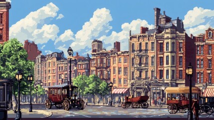 Retro pixel city street with classic buildings and vintage cars background,Generative Ai