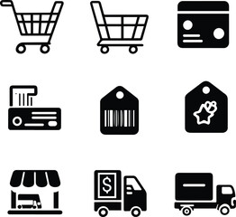 Minimal black and white line icon set for e-commerce and online shopping. Include icons like shopping cart, credit card, barcode scanner, discount tag, delivery truck, and mobile payment, each drawn 1