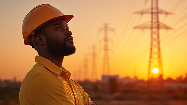 A worker in a hard hat observes the setting sun behind power lines, symbolizing progress in a dynamic landscape of energy and industry.