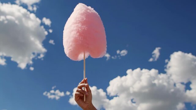 Pink cotton candy on a stick gently spinning under bright blue sky with soft clouds, evoking whimsical summer joy and nostalgic childhood carnival memories