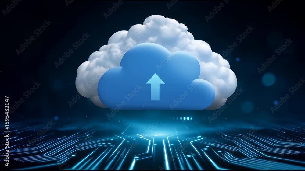 Poster cloud upload icon with digital circuit board background showcasing technology, data transfer, and ne
