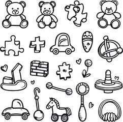 Fototapeta premium black and white line icons of toys and children's items such as teddy bear, puzzle piece, building blocks, toy car, rocking horse, rattle, and baby bottle 4