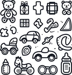 black and white line icons of toys and children's items such as teddy bear, puzzle piece, building blocks, toy car, rocking horse, rattle, and baby bottle 7.