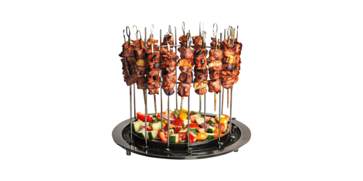 Grilled Meat Skewers With Vegetables Rotisserie Stand. Outdoor Cooking And Barbecue Concept Isolated On Transparent Background