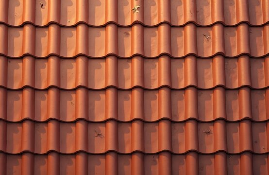 Terracotta roof tiles pattern, classic building material providing weather protection. Texture features interlocking pantiles creating shadow lines. Useful for architectural backgrounds, home