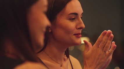 Enjoy drinking beautiful woman mixed vodka cocktails at luxurious counter bar toasting with friends scene capture essence nightlife luxury with special highlighting refreshment friendship. Vinosity.