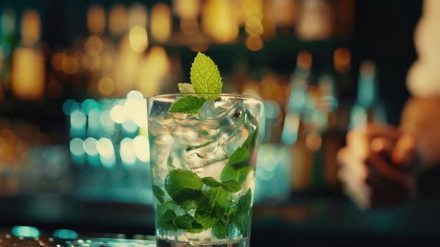A single mint leaf placed in a glass of water for freshening