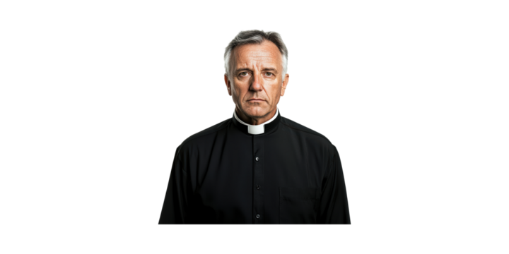 Elderly Priest In Clerical Attire. Religious Leadership And Spiritual Guidance Isolated On Transparent Background