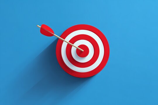 Minimal Flat Vector of Arrow Hitting Bullseye Target on Blue Background in Professional Color Palette - Powered by Adobe