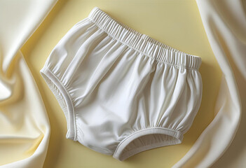 White Baby Bloomers Mockup on Pastel Lemon Background, Angled Side View