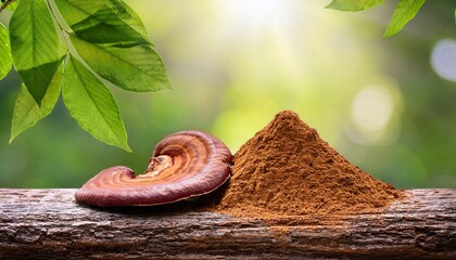 lingzhi or reishi mushroom slices and powder on natural background