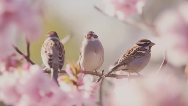 Three sparrows perched on cherry blossom tree branch in soft spring sunlight. Seamless looping time-lapse animation video background
