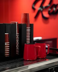 Modern Coffee Station Setup with Red Paper Cups and Pitchers on Countertop