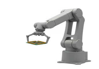 Gray robotic arm holding a green computer chip against a black background