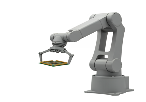 Gray robotic arm holding a green computer chip against a black background