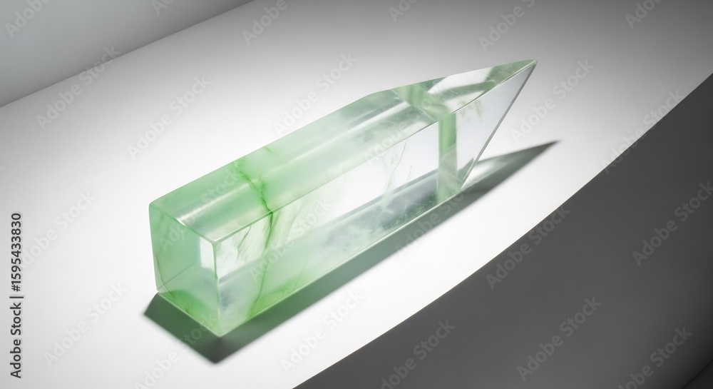 Poster a 3d render of a green crystal wand or obelisk with a jade-like marble texture. the object rests on 